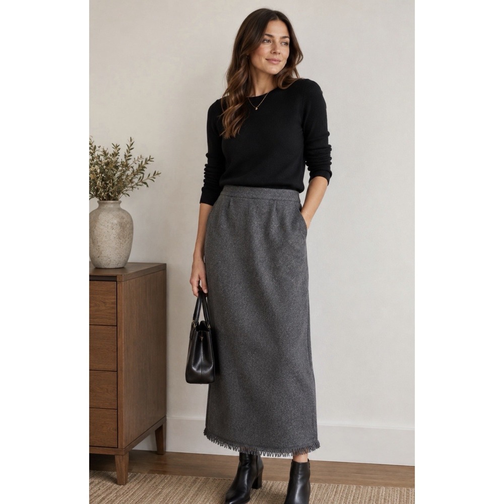 Vintage Eddie Bauer Wool Fringe Long Skirt Gray Women's Sz 8 CottageCore